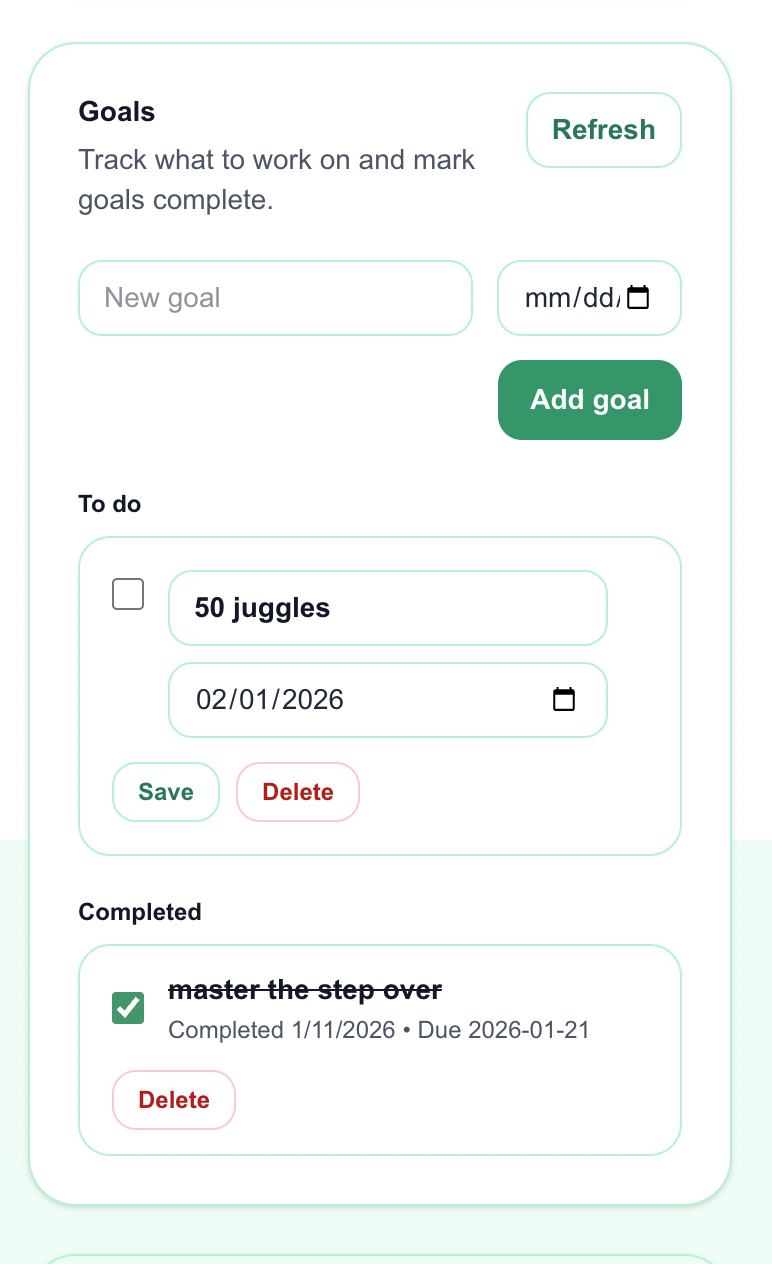 Player Dashboard - Goals screen